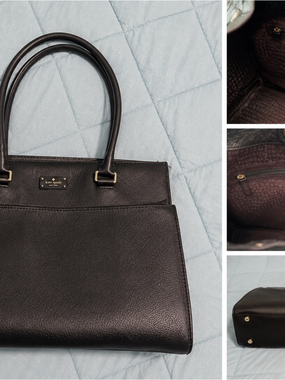 kate spade Black Pebbled Leather Structured Tote with Gold Hardware